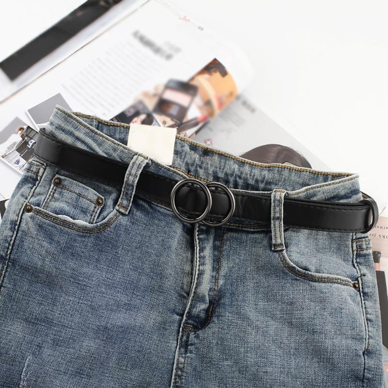 Thắt lưng da PU thời trang cho nữ với khóa kim loại hình 2 vòng tròn