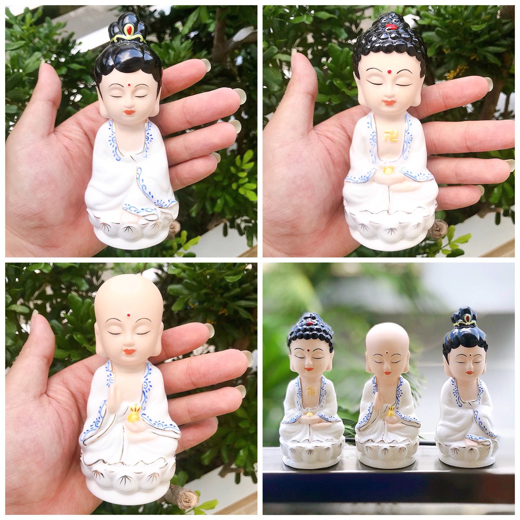 Bộ tượng Phật Quan Âm, Thích ca, Địa tạng gốm sứ áo trắng viền xanh đế sen phong thủy