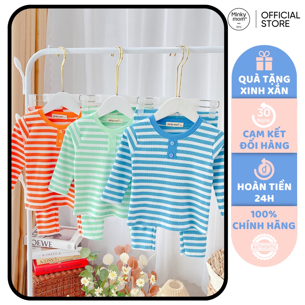 Bộ Dài Tay Cho Bé Trai, Bé Gái KIMCHI Vải Thun Gân Hoạ Tiết Sọc Ngang Cúc Cổ, Bộ Quần Áo Trẻ Em Thu Đông KWTD2105