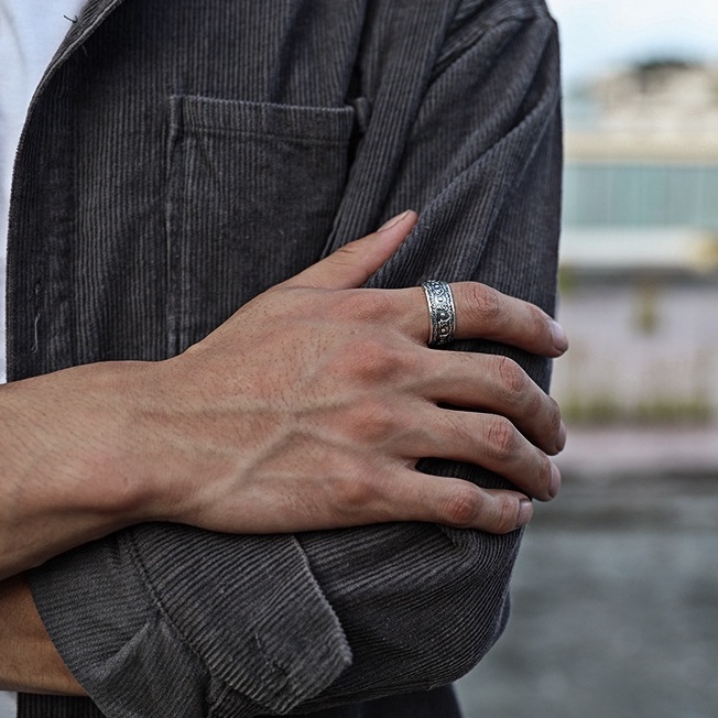 Nhẫn Nam Cổ điển Tiếng Tây Tạng Thay đổi vận may S925 được khắc bên trong Bạc Thái Phong cách Lớn NH-191