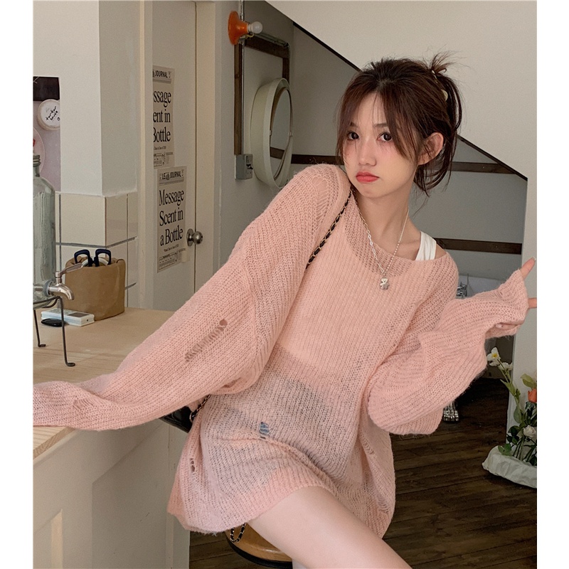Áo dệt kim Xiaozhainv chống nắng dáng rộng hở vai phối rách kiểu cổ điển Hàn Quốc dễ phối đồ cho nữ