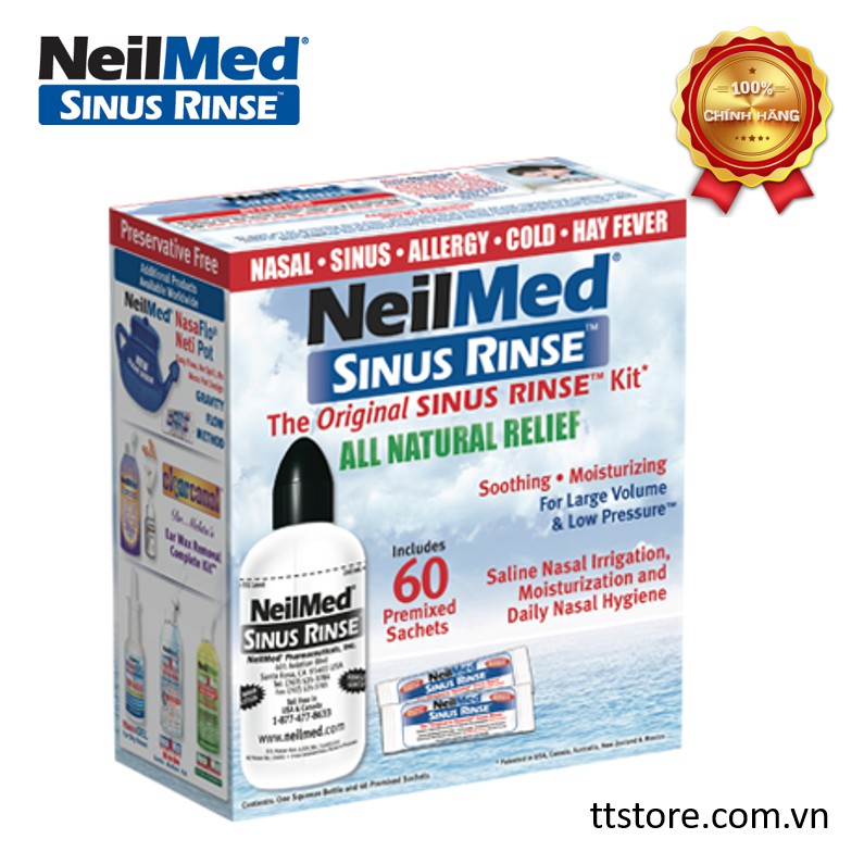 Bộ dụng cụ rửa mũi NeilMed Sinus Rinse Kit 60 sachets (1 bình + 60 gói muối) [Nelmed, neomed, nelmet]