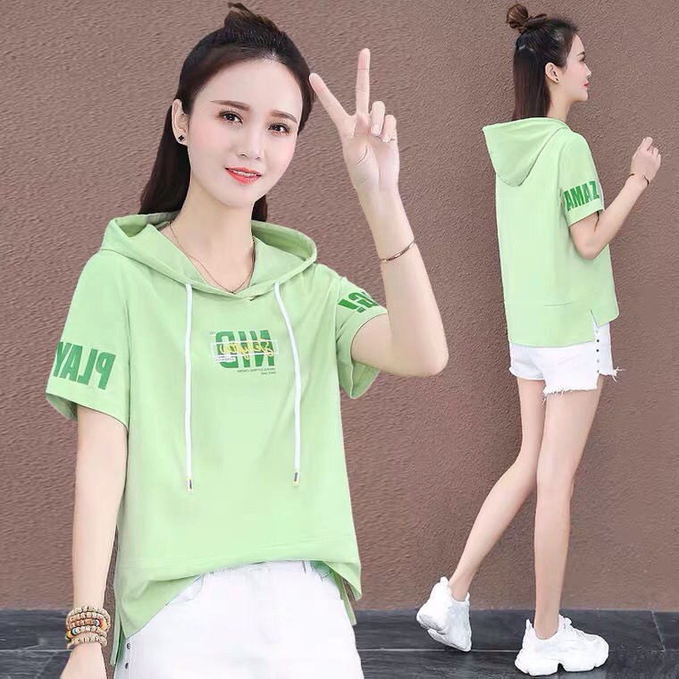 ◕✷cotton chất lượng cao mùa hè mới áo thun nữ tay ngắn thời trang có mũ trùm đầu phiên bản Hàn Quốc size lớn ph