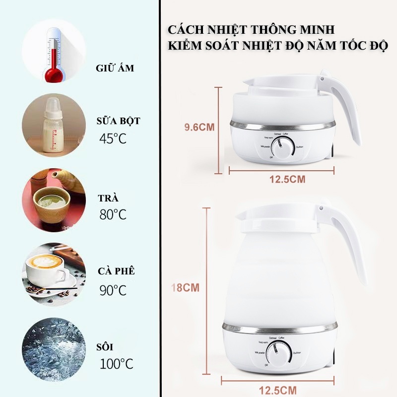 Cách nhiệt thông minh Ấm đun nước gấp di động du lịch ấm đun nước điện Bình đun siêu tốc ấm siêu tốc