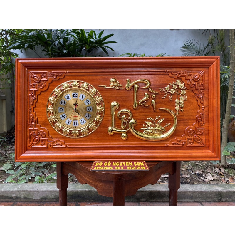 Đồng hồ treo tường ,Mẫu chữ Đức , Phúc , Lộc/Gỗ Hương dát vàng loại đẹp bền kích thước 41*81