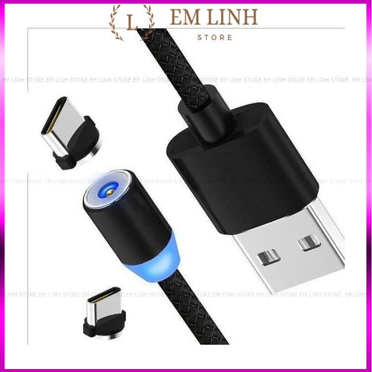 Cáp sạc từ hút nam châm đầu micro usb, type C và iPhone 360 độ dây dù có led