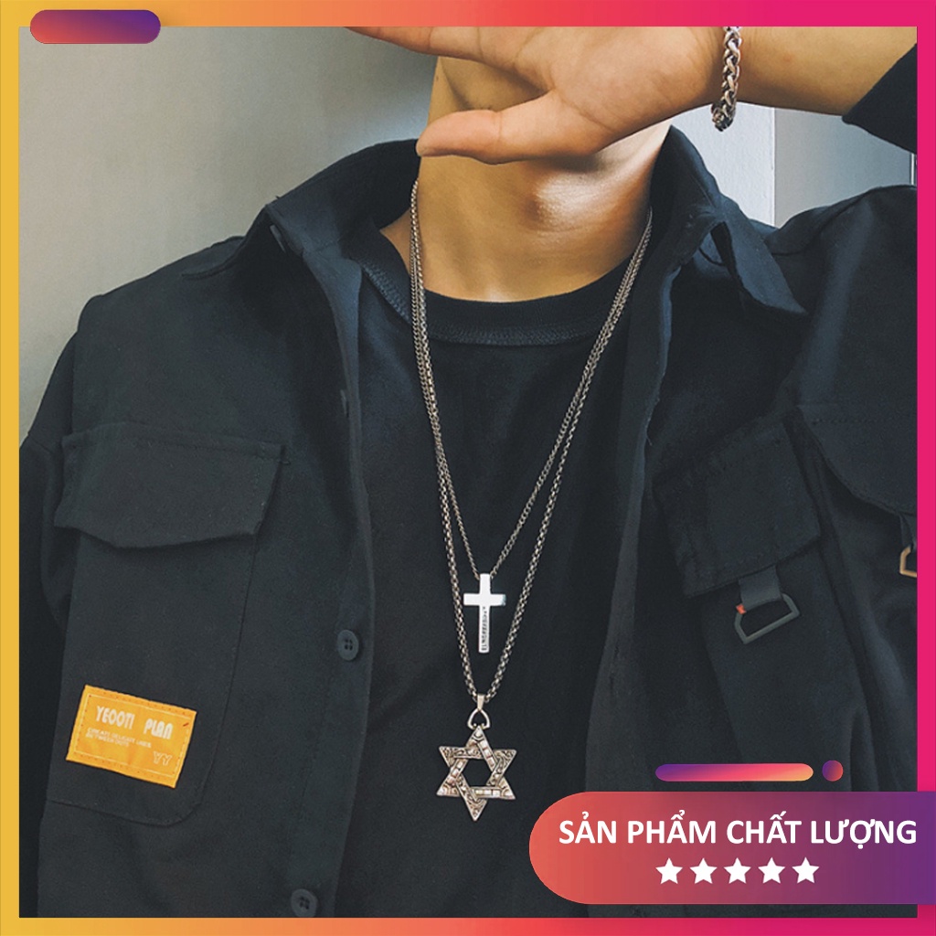 Dây chuyền nam nữ mạ bạc sáng bóng phối hình mặt thánh giá - hình mặt ngôi sao, phong cách cá tính siêu ngầu