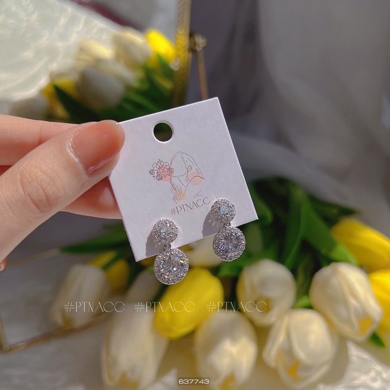 Bông tai, khuyên tai xi bạch kim đá tròn tòn ten đơn giản kiểu Hàn .PTNACC.