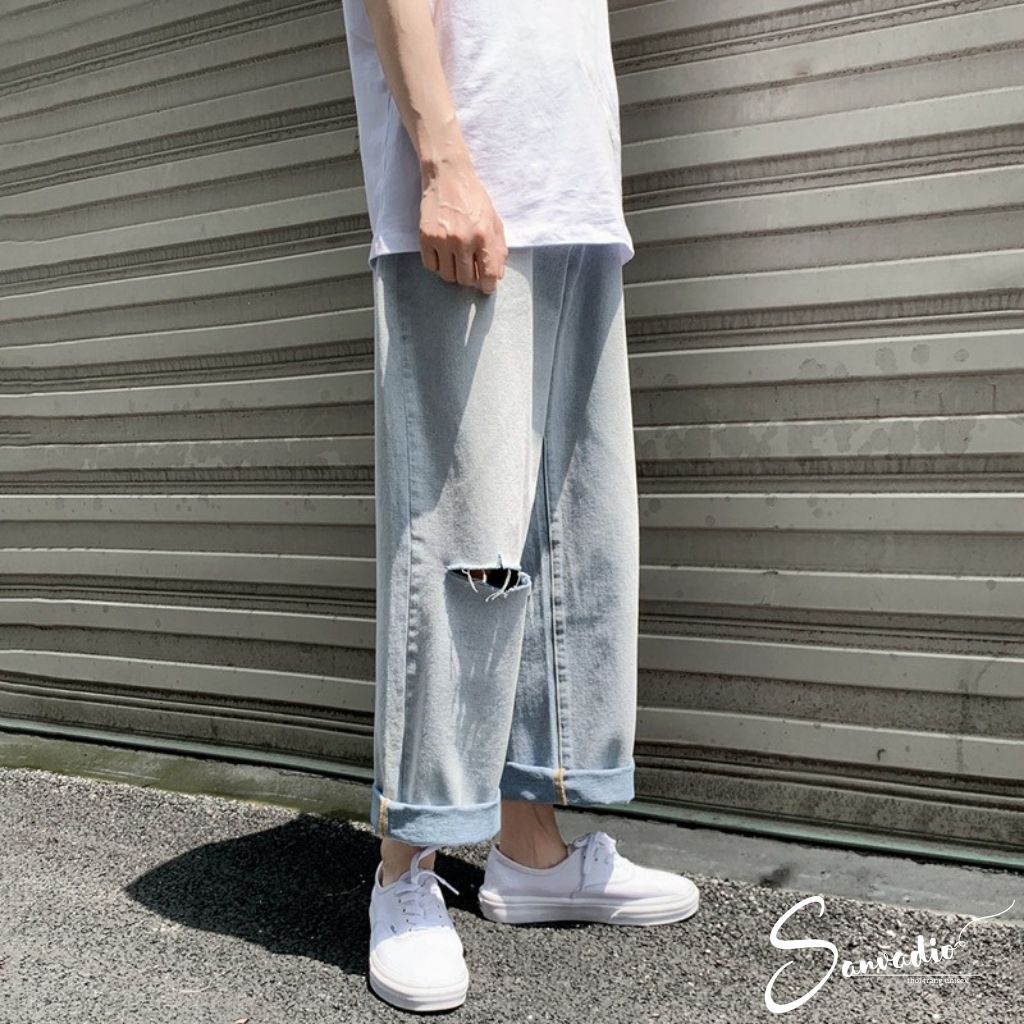 Quần Jeans dáng suông Quần nam ống rộng rách gối SANVADIO  thời trang năng động cá tính