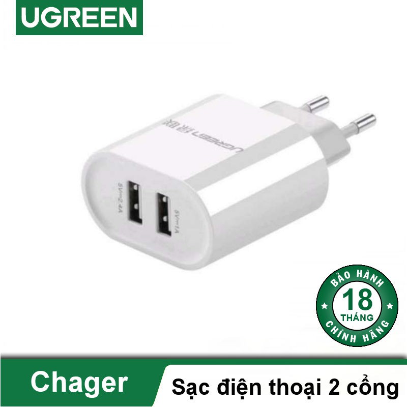 Cốc sạc 2 cổng USB 2.0, hỗ trợ tổng dòng sạc 3.4A (max 2.4A) UGREEN CD104 - Hàng chính hãng