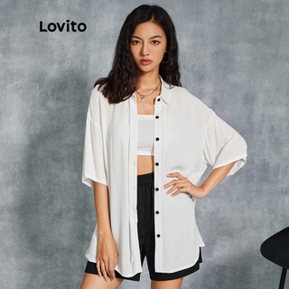 Lovito áo sơ mi nữ tay ngắn oversize l20d1177