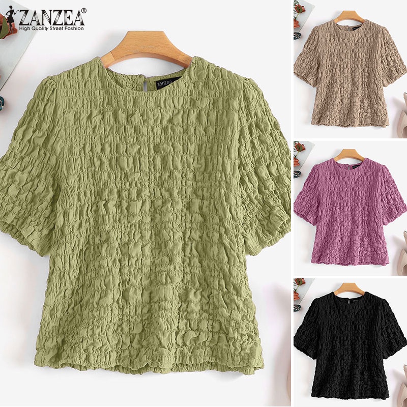 Áo kiểu ZANZEA tay ngắn dáng rộng màu trơn thời trang Hàn Quốc cho nữ