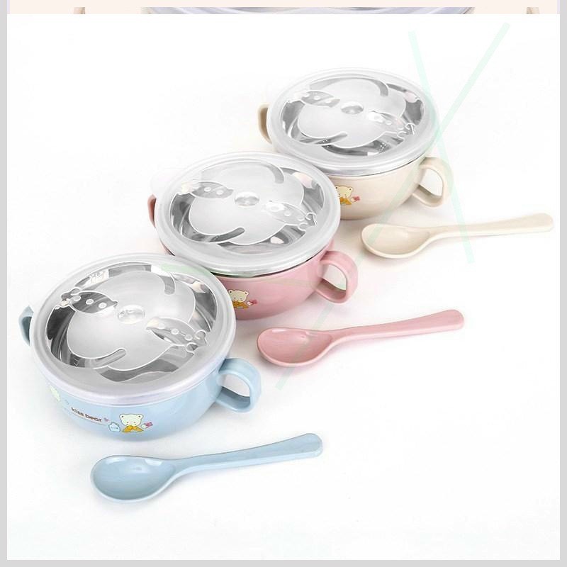 Bát Ăn Dặm Inox 2 lớp Cách Nhiệt Cho Bé Có Tay Cầm Nắp Đậy Kèm Thìa