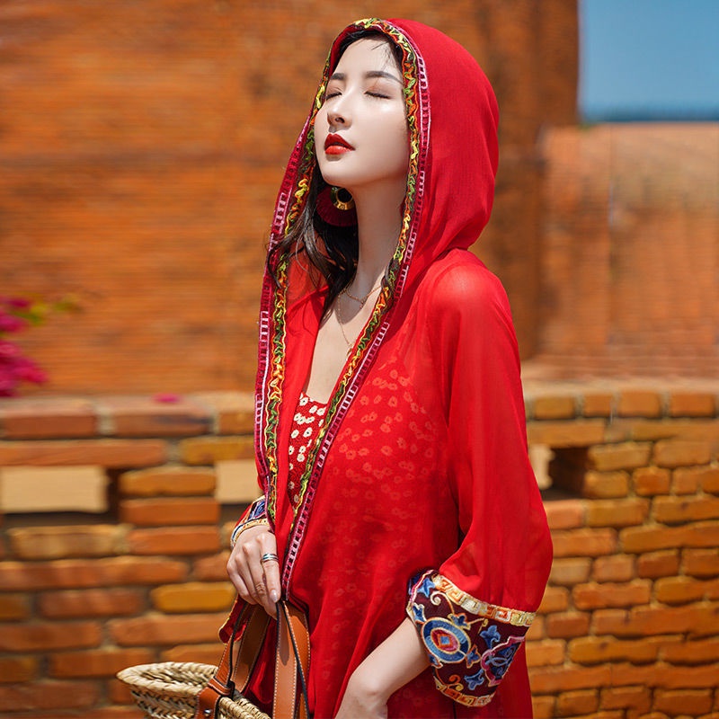 Áo Khoác Cardigan Chiffon Có Mũ Trùm Đầu Chống Nắng Phong Cách Dân Tộc Thời Trang Đi Biển Cho Nữ