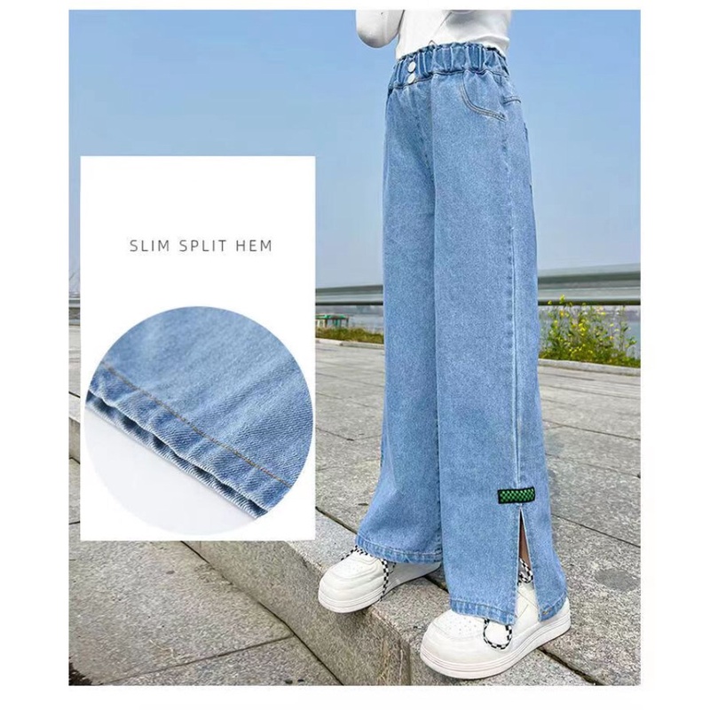 Quần Jean Ống Rộng Lưng Cao Co Giãn 100-160cm Dành Cho Bé Gái 3-14 Tuổi