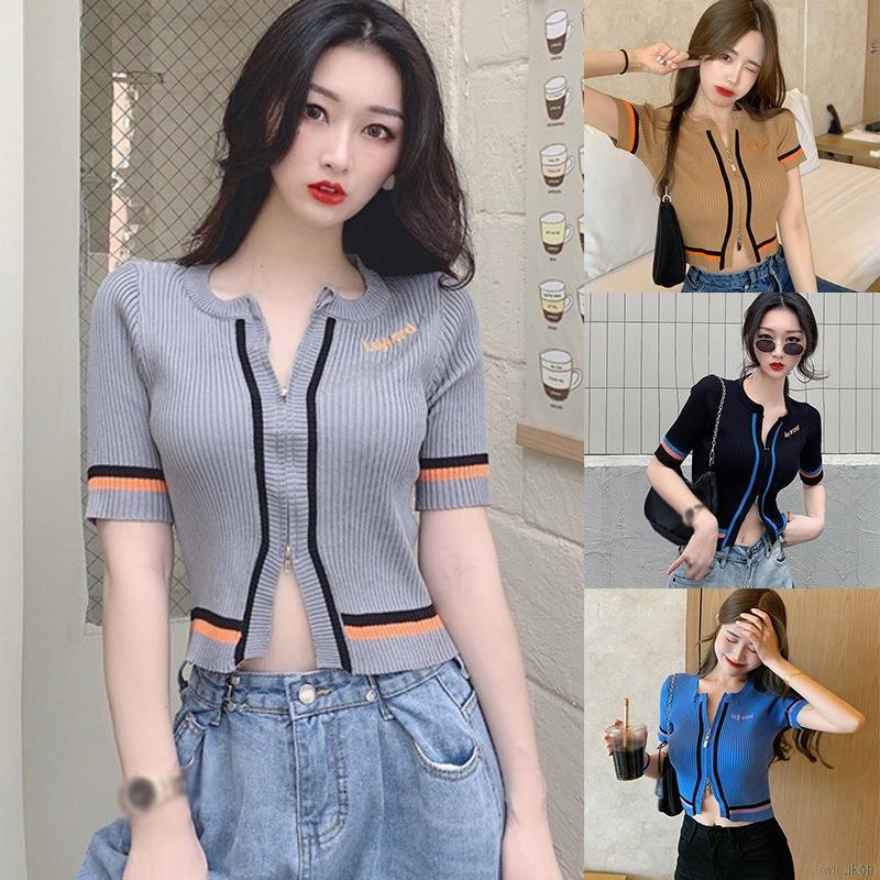 Áo Thun Nữ Dệt Kim Tay Ngắn Cổ Tròn Có Khóa Kéo Hợp Thời Trang áo nữ