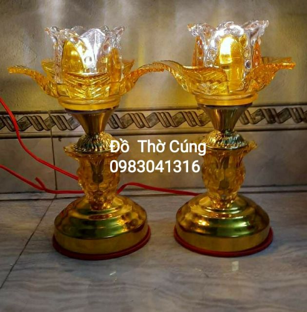 Đèn Thờ thủy tinh hoa sen cao 20 cm bóng led siêu tiết kiệm điện (1 Đôi)