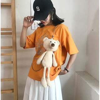 Túi đeo chéo nữ nhỏ đi chơi hình con gấu bông cute màu vàng kem có dây đeo kim loại
