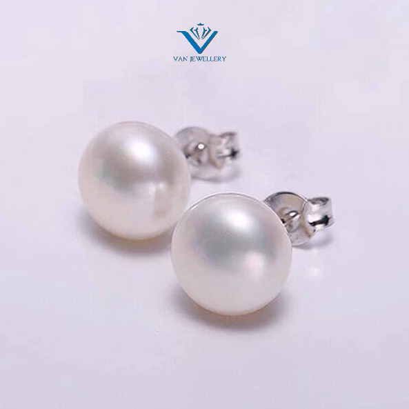 Bông tai bạc Van Jewelry V10546 Bông hạt ngọc màu trắng ngà nước ngọt chốt bạc
