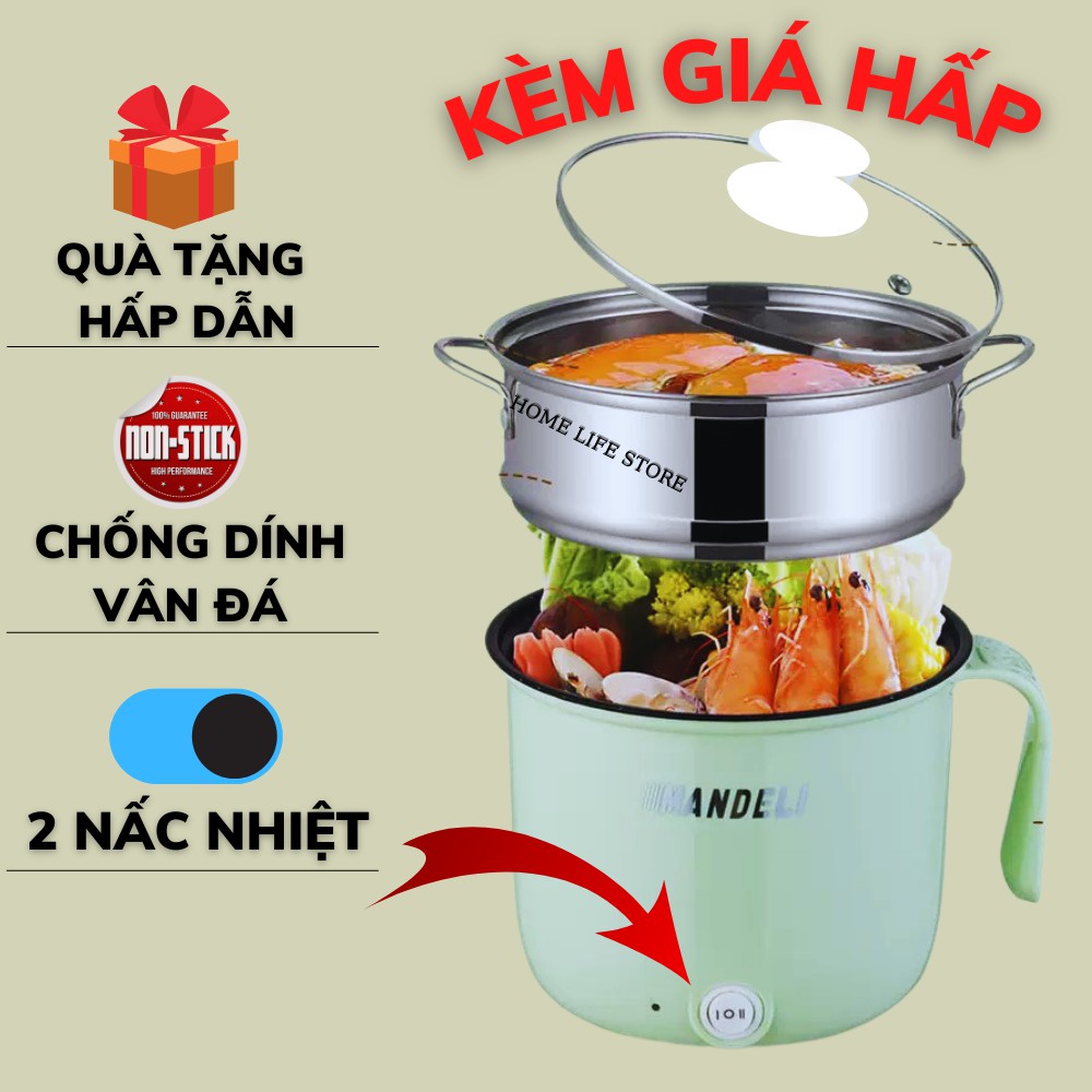 Ca Nấu Mì, Nấu Lẩu Mini Cầm Tay, Nấu Cơm Đa Năng Có Tay Cầm 1,8L - 2 Nấc Nhiệt Kèm Giá Hấp