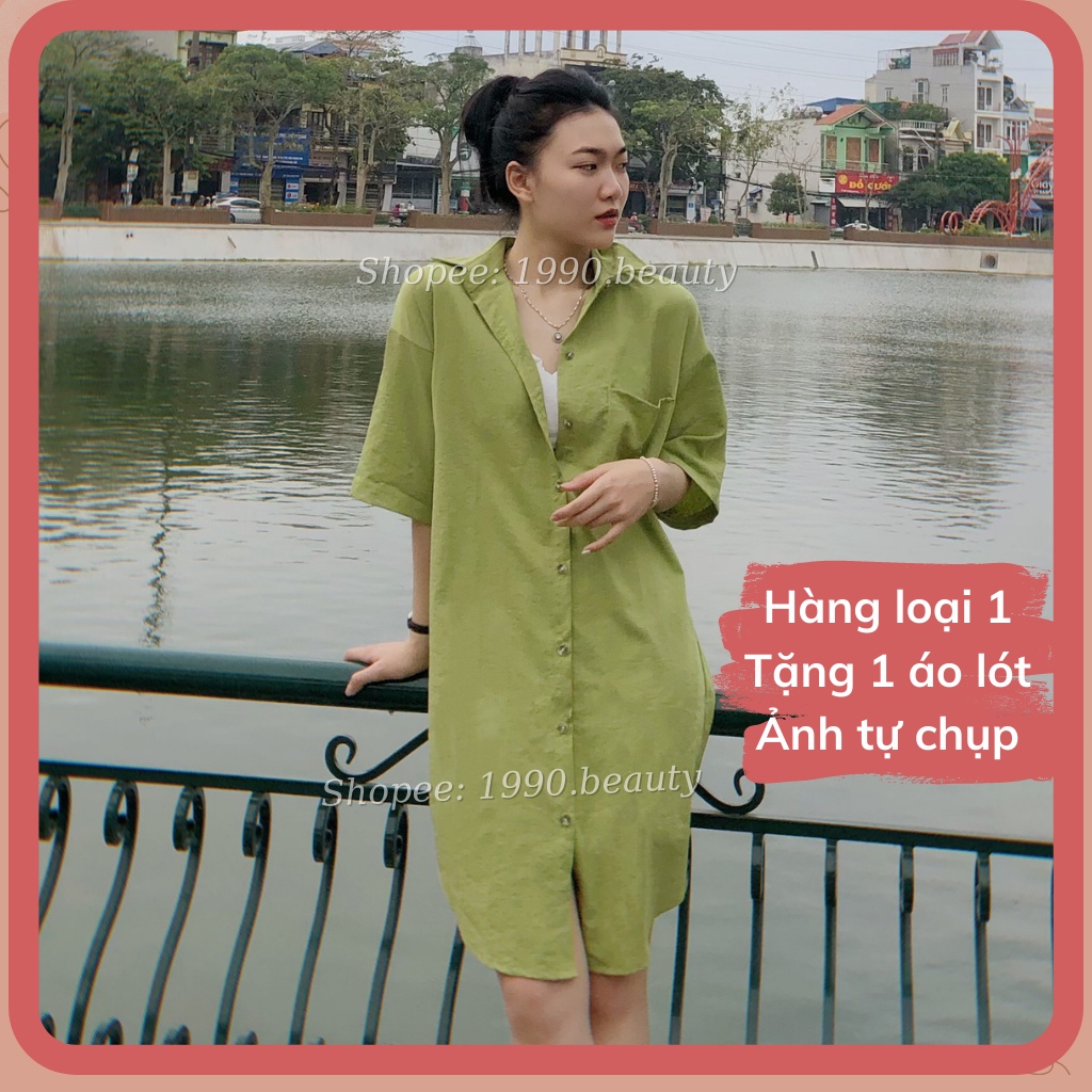 Váy sơ mi đũi dáng dài công sở ngắn tay đầm sơ mi dáng suông cổ đức phối túi ngực vạt bầu mềm mát