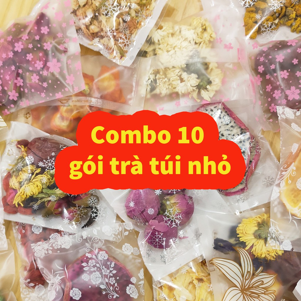 Combo 10 gói trà hoa quả sấy, lá sấy gói nhỏ dùng thử nguyên vị, đậu biếc, hoa nhài, hoa cúc, hoa hồng, mẫu đơn, dâm bụt