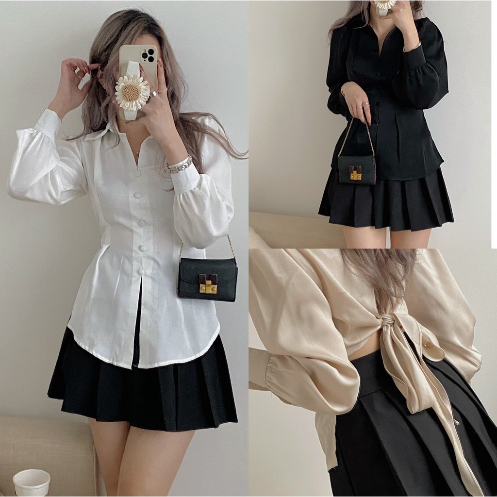 Áo sơ mi cúc bọc thắt nơ lưng cực xinh, áo kiểu