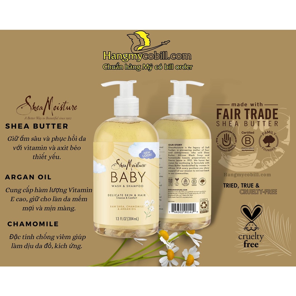 SỮA TẮM GỘI CHO BÉ SHEA MOISTURE Raw Shea, Chamomile & Organ Oil 384ml