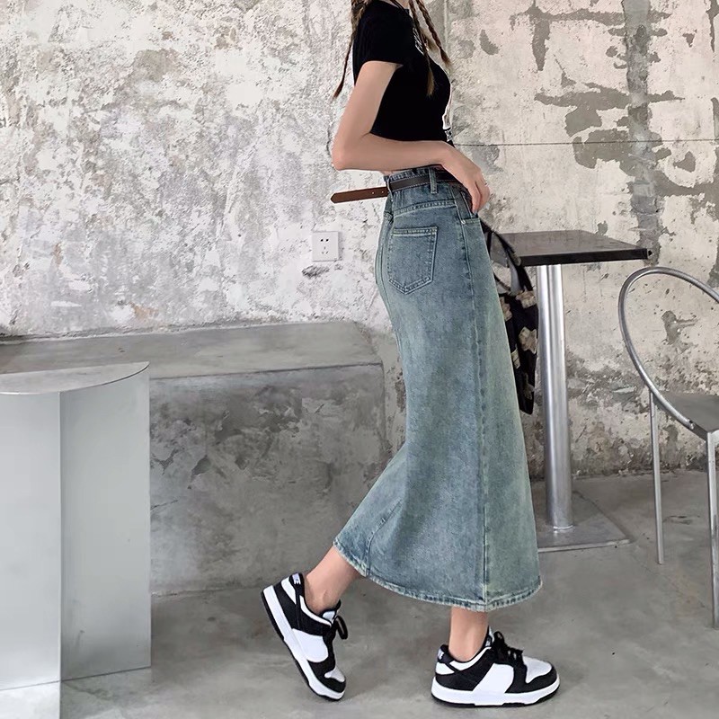 Chân váy bò jeans dài ulzzang xẻ trước