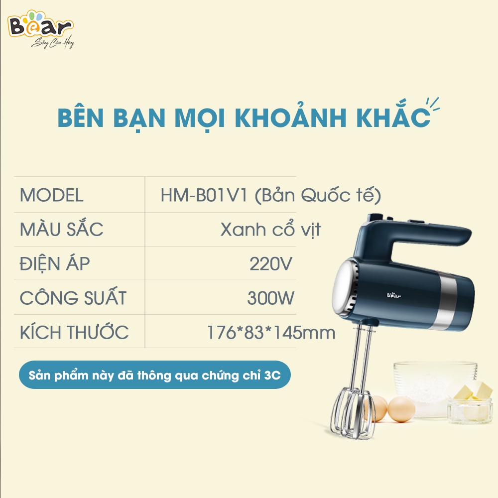 Máy Đánh Trứng Cầm Tay Mini Bear HM-B01V1 (DDQ-B02L1), Đánh Kem, Trộn Bột Để Bàn, Công Suất 300W, 10 Tốc Độ -BH 18 Tháng