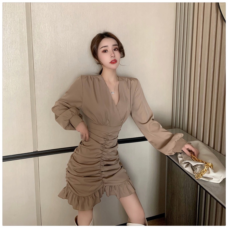 Đầm Dài Tay Xếp Ly Không Đồng Đều Phong Cách Hàn Quốc Thời Trang Cho Nữ