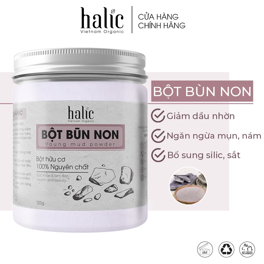 Bột Bùn Non đắp mặt nạ nguyên chất Halic Organic 125G loại bỏ bã nhờn, cung cấp độ ẩm, ngăn ngừa mụn hiệu quả
