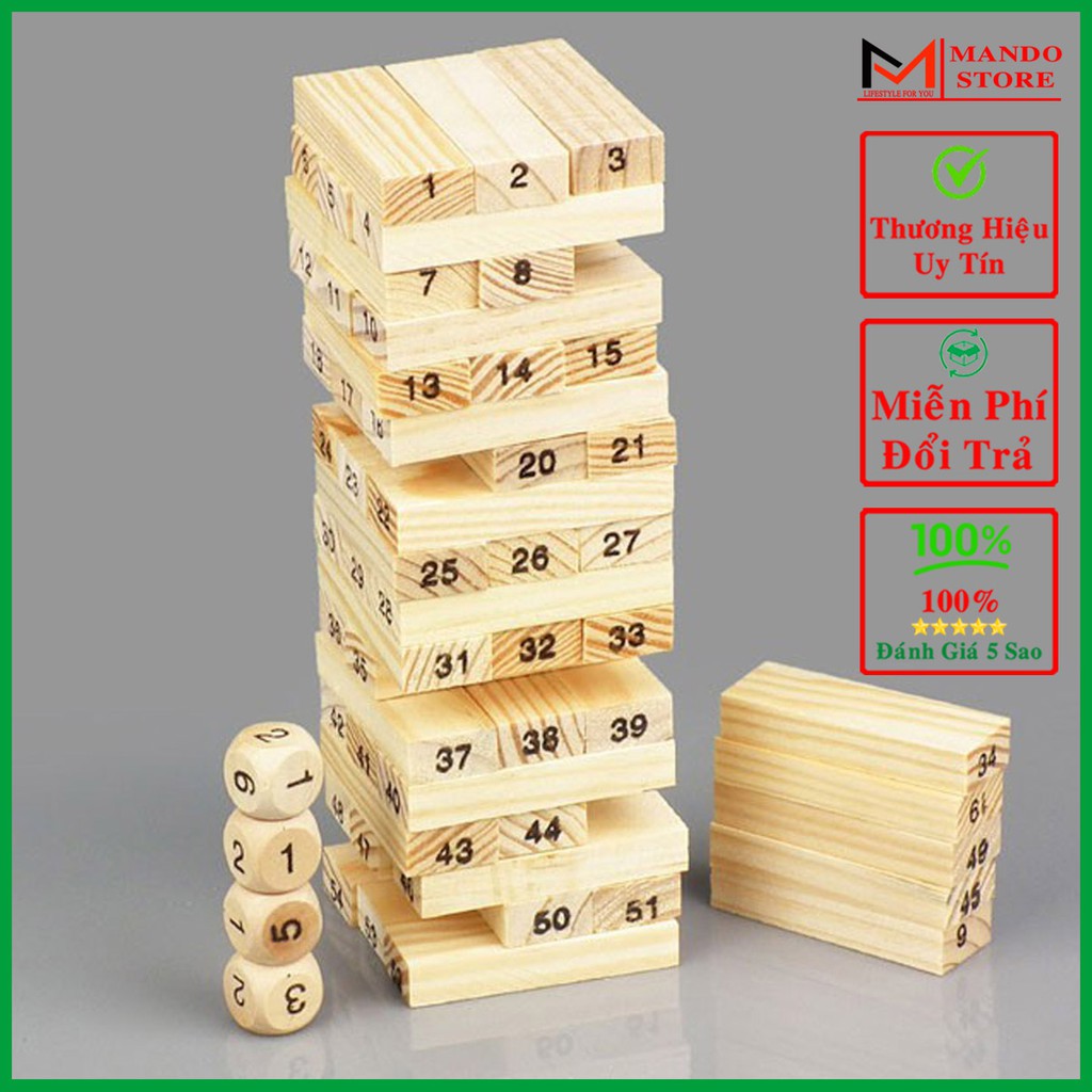 Đồ Chơi Rút Gỗ Cỡ Lớn Cao Cấp Cỡ To 72*24*12MM - 54 Thanh Rút Gỗ Kèm 4 Con Súc Sắc Cho Bé