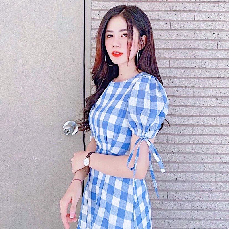 Đầm váy caro xanh tay bo