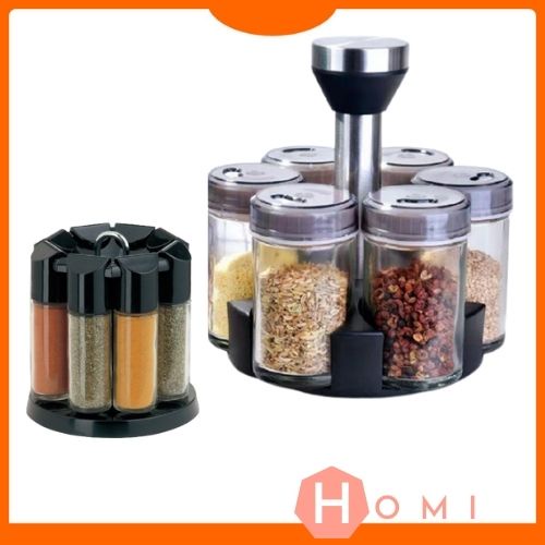 Hũ đựng gia vị [COMBO KÈM GIÁ XOAY] - Lọ đựng gia vị, hủ gia vị thủy tinh nhà bếp - DHOMI Store
