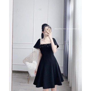 Váy thiết kế dáng xoè dập ly hông đính ngọc cổ vuông MSHT81