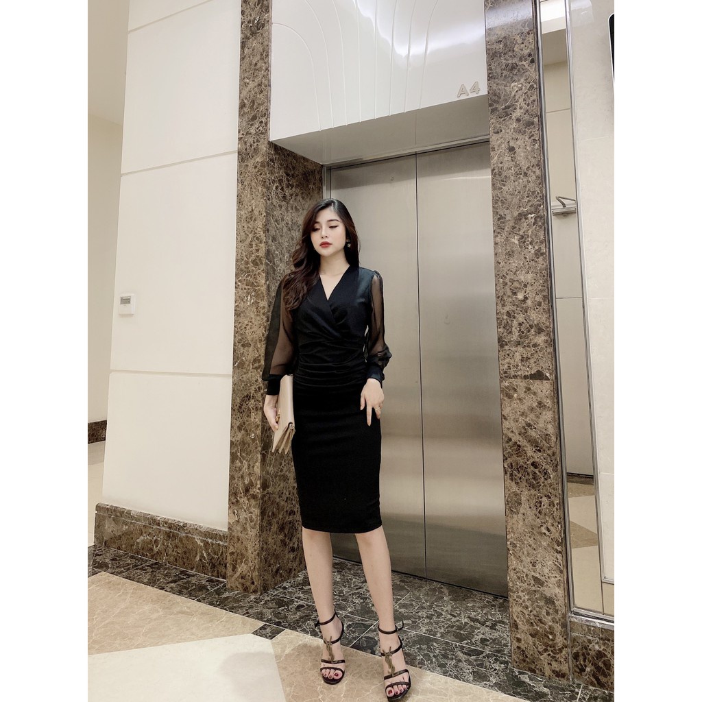 Đầm đen body đen tay dài phối voan cổ tim nhún eo chất umi Hàn Quốc co giãn tôn lên vẻ đẹp quý phái dành cho phái đẹp | BigBuy360 - bigbuy360.vn