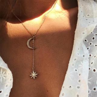Gold Moon Star Choker Necklace for Women Vintage Bohemia Y-Shaped Crystal Pendant Necklace Jewelry Party Gift
