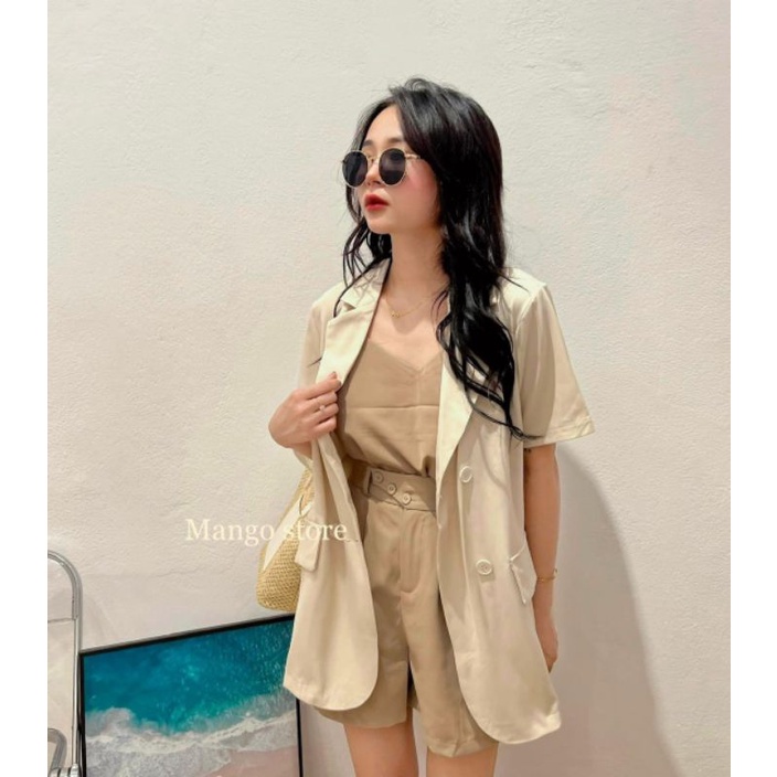 Set đồ nữ áo khoác vest 3 chi tiết kèm quần short + áo 2 dây mặc trong bảng màu vintage - Ảnh thật Yena Closet | BigBuy360 - bigbuy360.vn