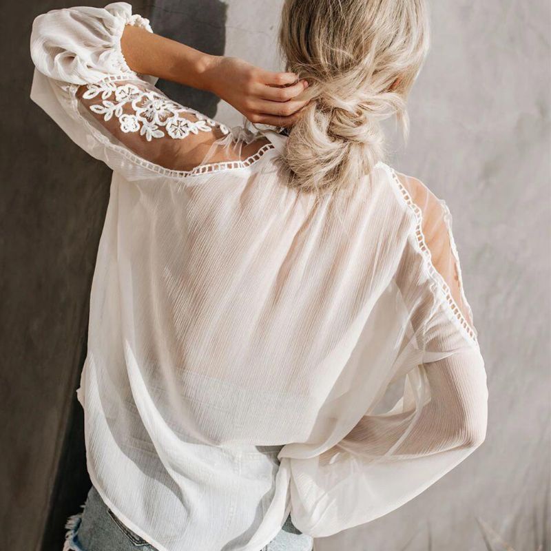 Xiangbao Áo Sơ Mi Dài Tay Phối Ren Hoa Màu Trơn Trong Suốt Gợi Cảm Cho Nữ