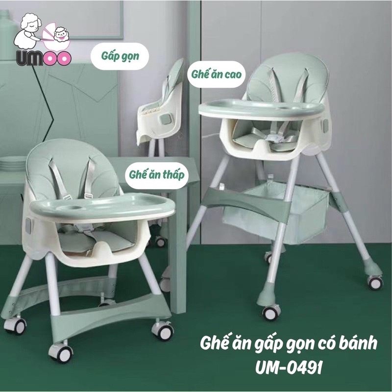 Ghế ăn dặm Umoo cho bé có thể nâng hạ chiều cao có bánh xe gấp gọn bản cao cấp UM-0491