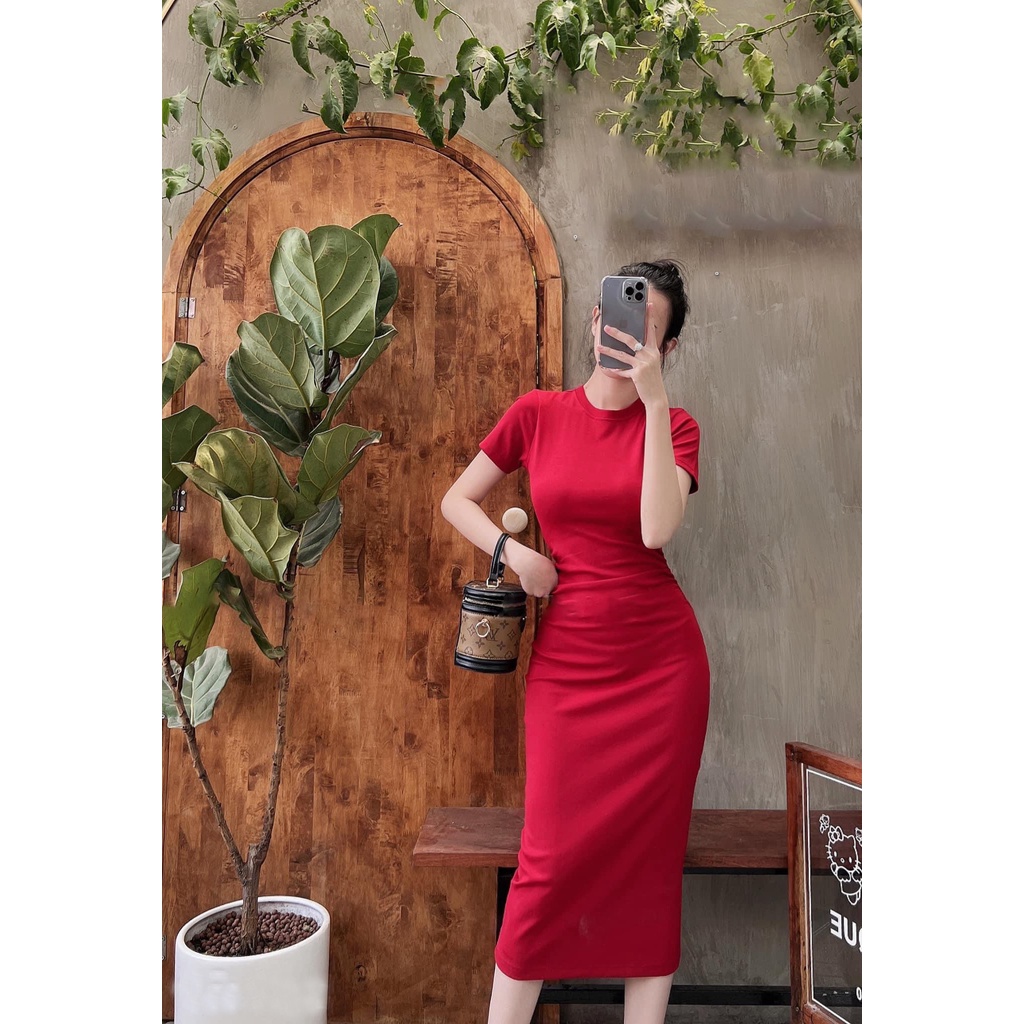 Đầm body thun 4 chiều tay ngắn nhún thân màu trơn Callene (L1481) | BigBuy360 - bigbuy360.vn