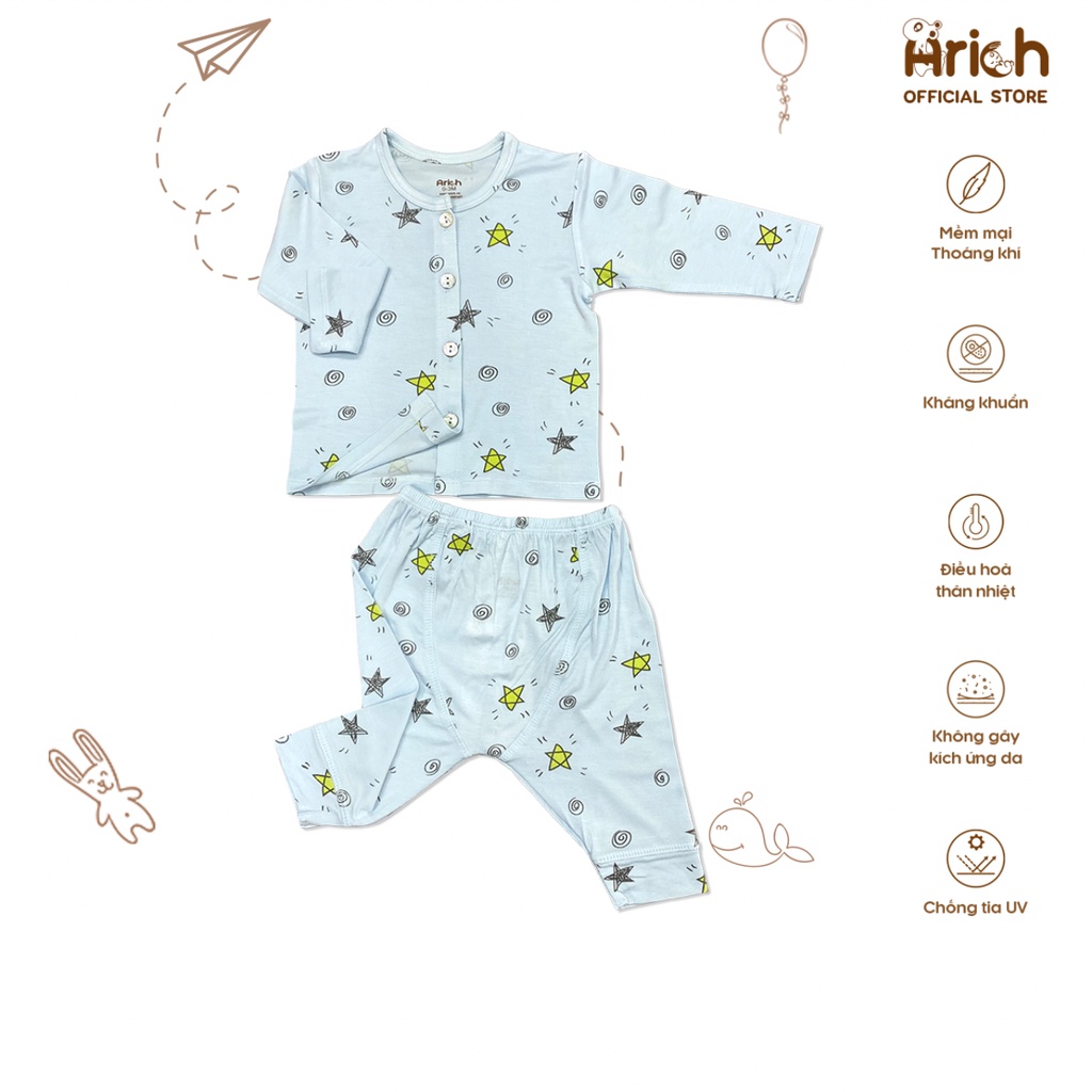 Bộ quần áo dài tay cài thẳng Arich họa tiết (size 0-3 tháng đến 12-18 tháng)