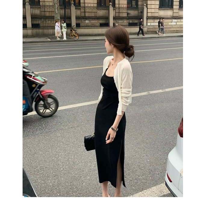 Set Đầm 2 Dây Ôm Body Dây Rút Sexy Kèm Áo Khoác Mỏng Cardigan [ẢNH THẬT + VIDEO]