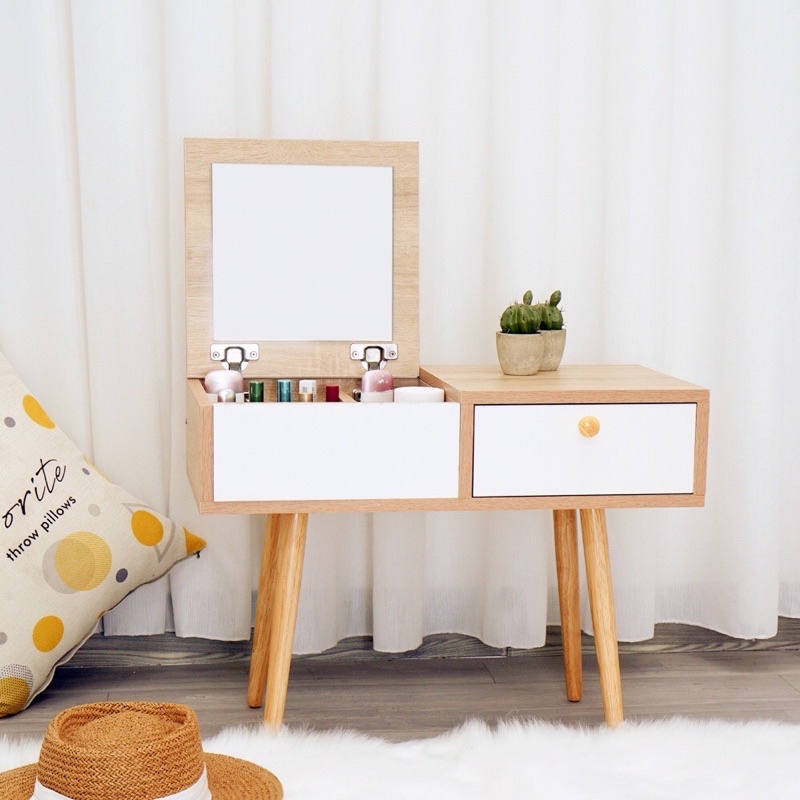 Bàn Trang Điểm Ngồi Bệt GP143 Màu Gỗ ( ngăn kéo trắng ), Bàn Phấn MiNi Gương Gập