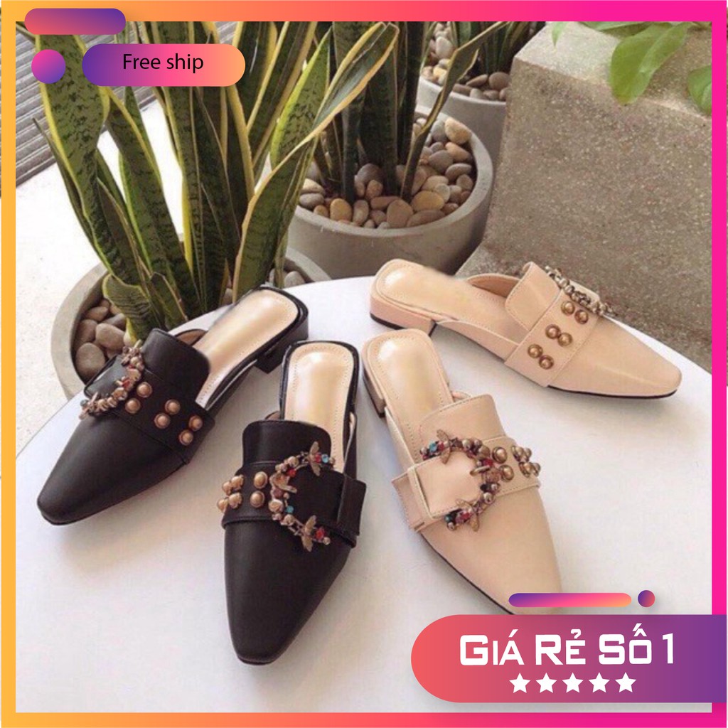 Giày Sục Cao Gót 3cm đính đá nhiều màu chữ C