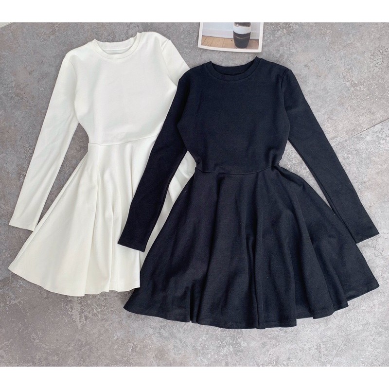 Đầm thun ôm tay dài dáng xoè đen, trắng D35 | BigBuy360 - bigbuy360.vn