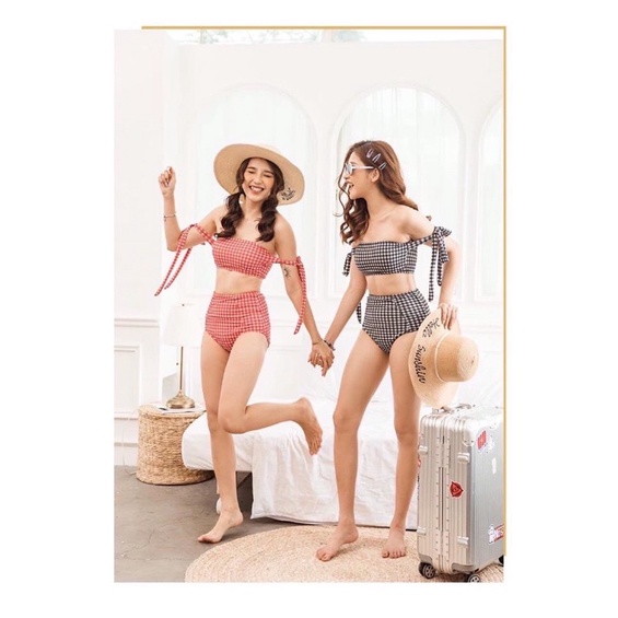 [ HÀNG CÓ SẴN] Bikini caro 3 màu đen, đỏ, vàng cột nơ tay (hình thật shop chụp)
