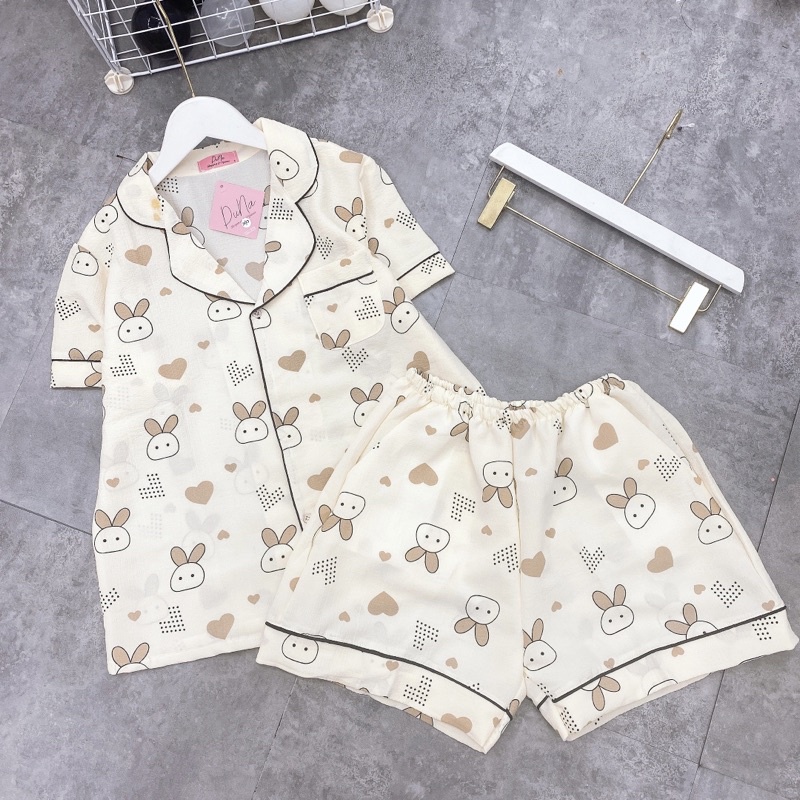 Bộ pijama mặc nhà quần đùi áo cộc hoạ tiết hình xinh, Đồ ngủ nữ xinh hàng Quảng Châu