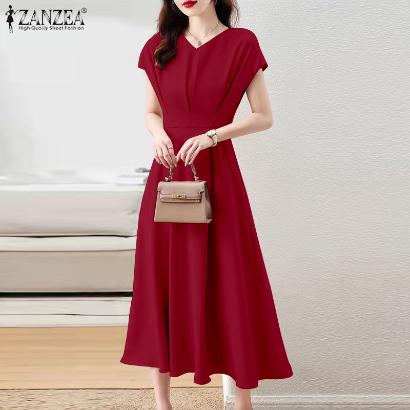 Đầm ZANZEA dáng dài tay ngắn cổ chữ V màu trơn thời trang cho nữ